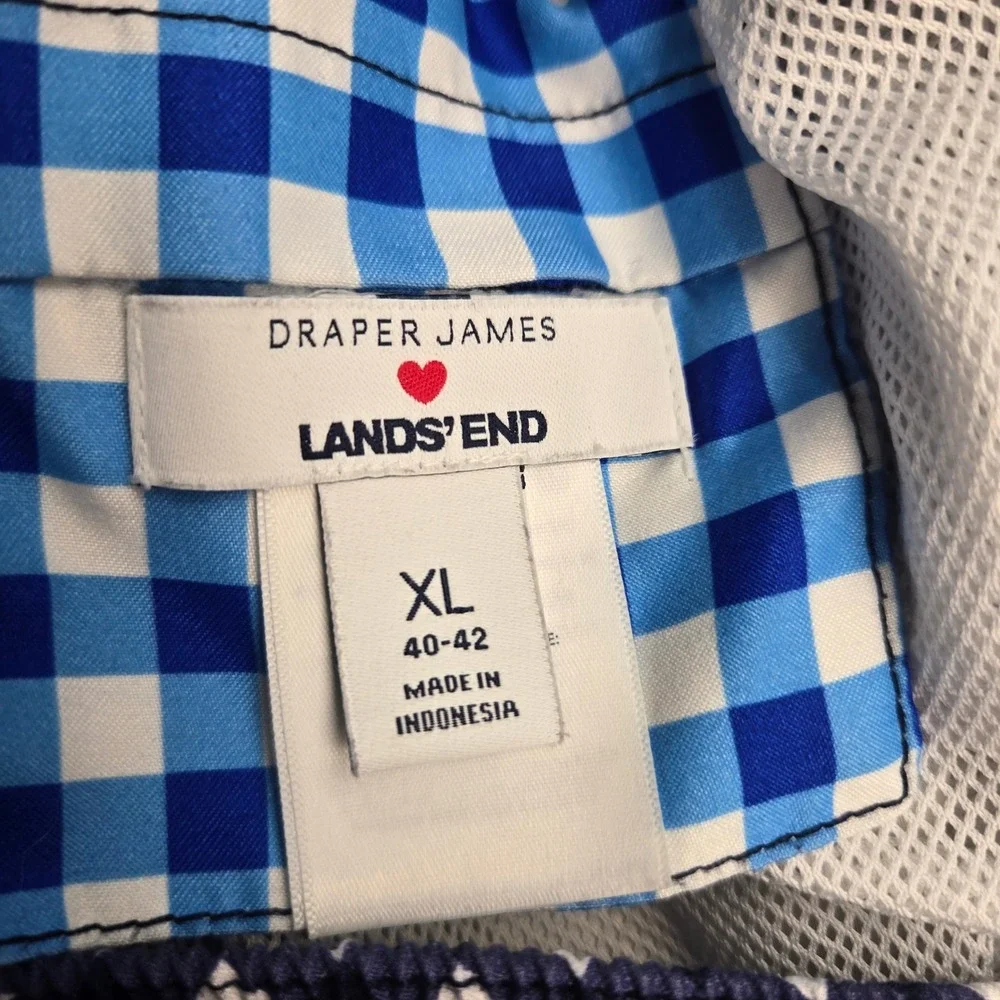 Draper James x Lands End Mens Gingham Polo and Swim Trunks‎ Set Blue Navy XL